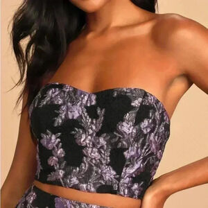 Lulus - Invite List Black‎ Floral Jacquard Strapless Crop Top